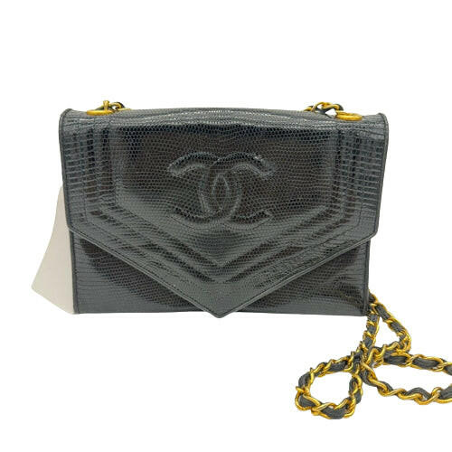 Chanel Black Lizard Embossed Chain Shoulder Bag with Gold Hardware, Medium Size.