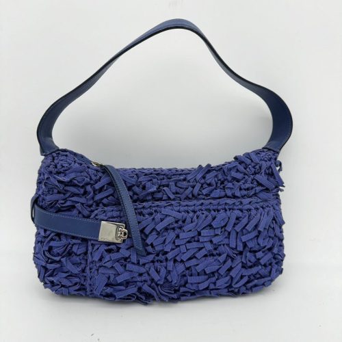 Salvatore Ferragamo Blue Leather Woven Shoulder Bag Medium.